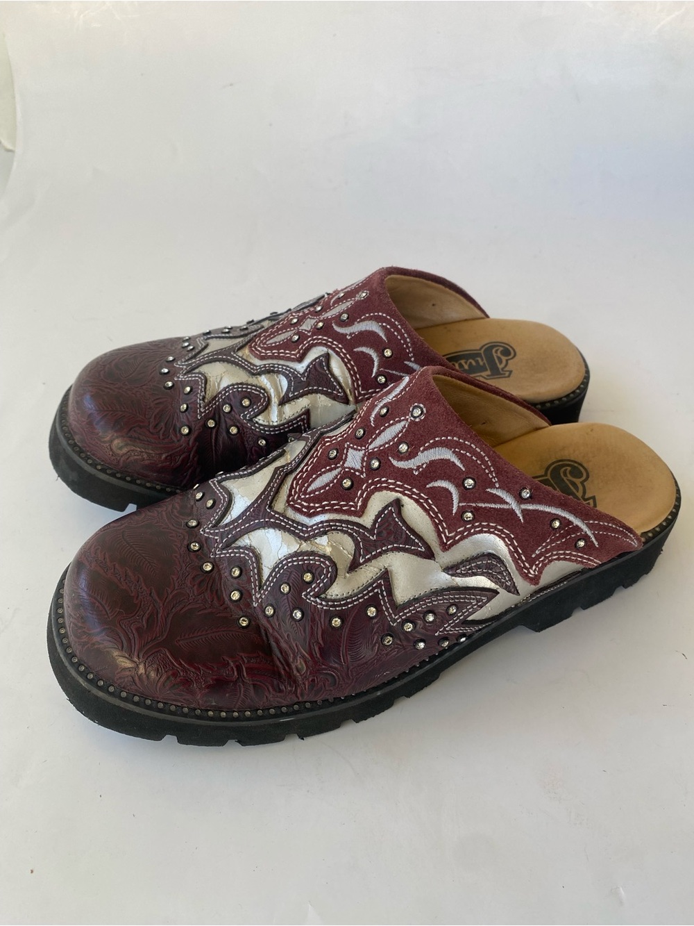 Justin Burgundy and White Western-Style Tooled Leather And Rhinestones Clogs